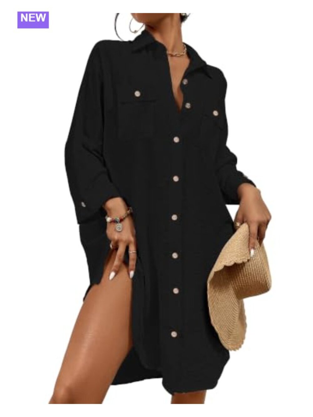 Women's Button Down Swim Cover Up Shirt 3/4 Sleeve Beach Blouse